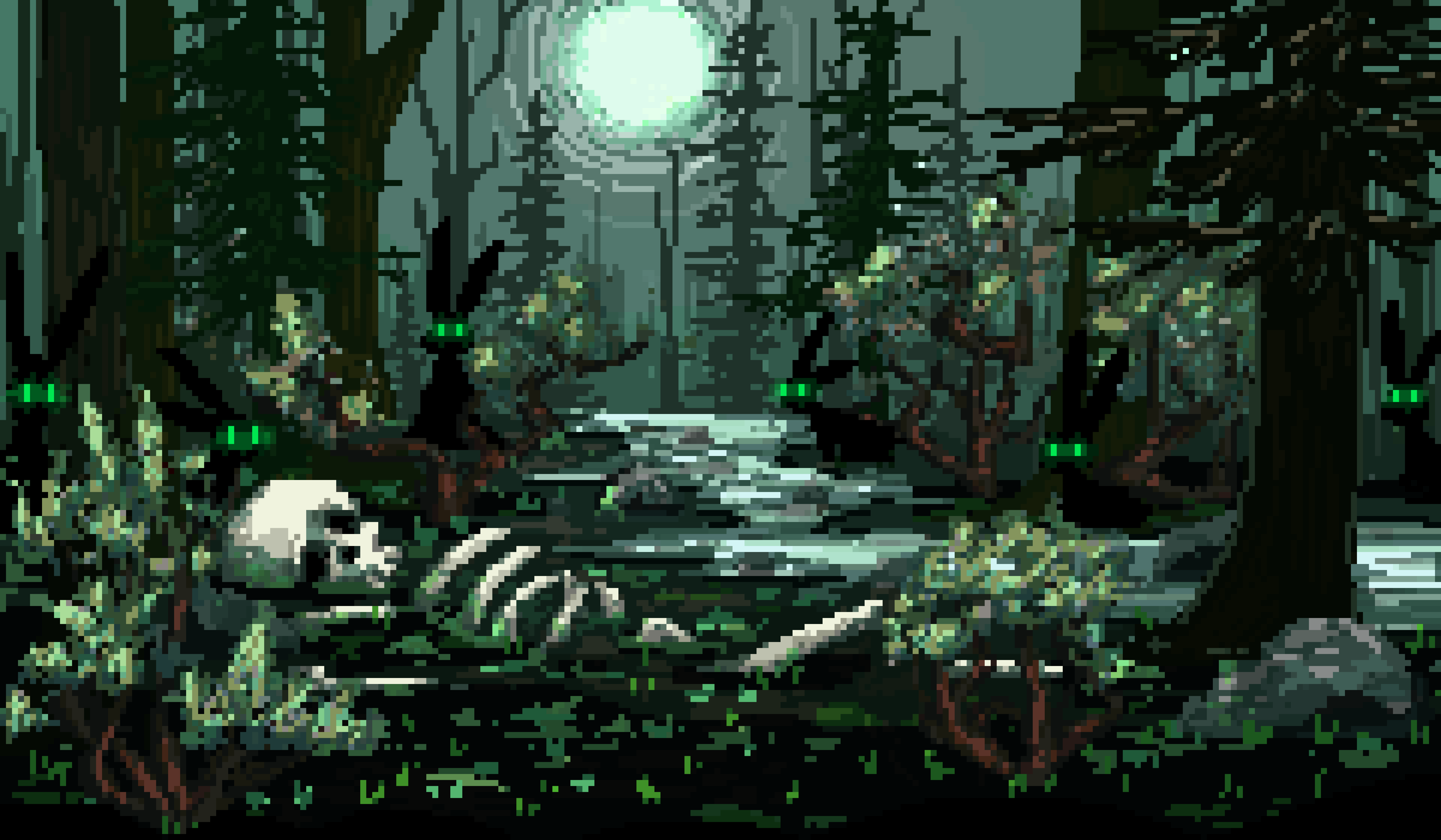 pixel art of a skeleton in the woods surrunded by rabbits